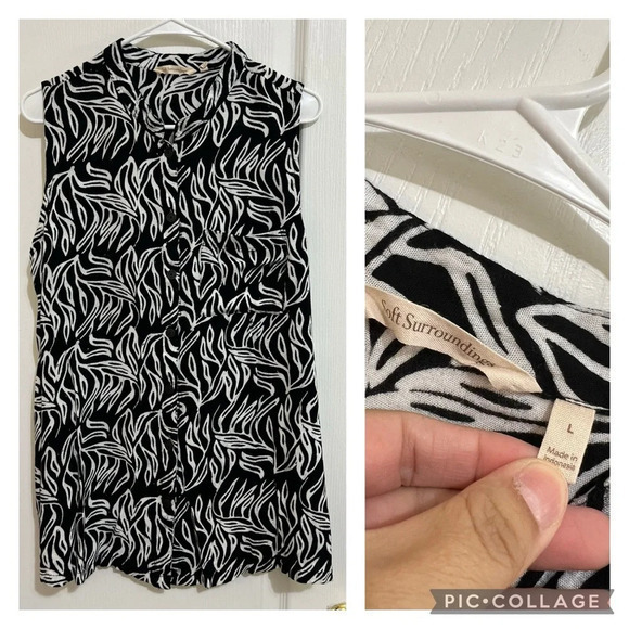 Soft Surroundings Tunic Tank Top Blouse Black White Floral Size L - Picture 1 of 12